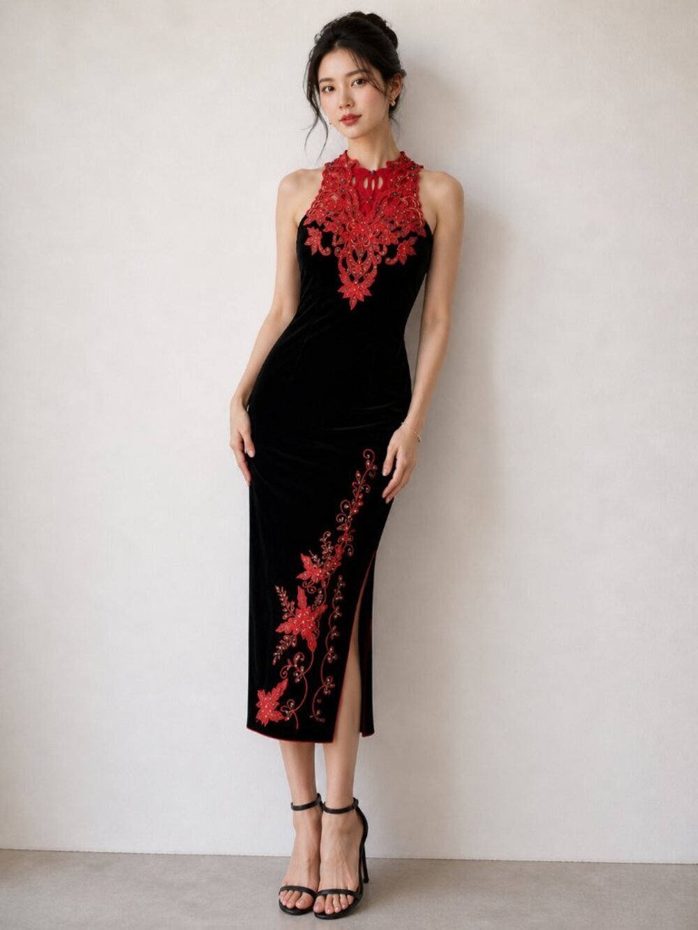 Vintage Cheongsam Qipao Dress Gown Black Velvet Red Long Maxi Hand Made Lace XS